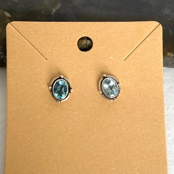 Sterling Silver 925 Dainty Bezel Set Oval Blue Cubic Zirconia CZ Stud Earrings - Picture 10 of 16